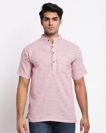 Striped Short Kurta with Band Collar