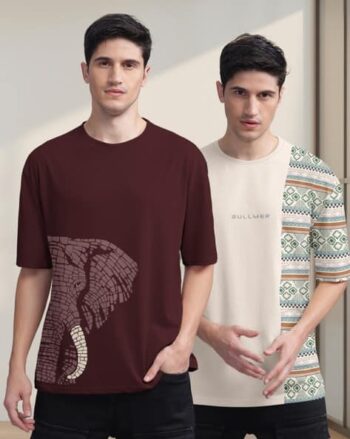 Pack of 2 Men Graphic Print Oversized Fit Crew-Neck T-Shirts