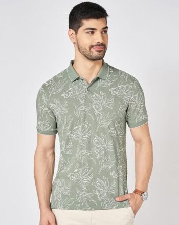 Men Leaf Print Slim Fit Polo T-Shirt