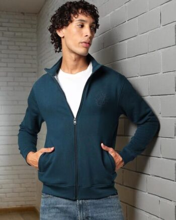 Men Solid Knitted Fleece Sweatshirt with Hood