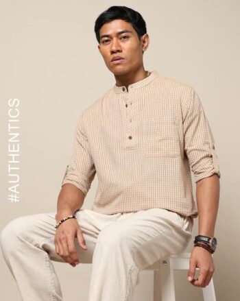Checked Woven South Cotton Short Kurta with Roll-Up Sleeves & Side Pocket