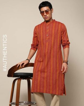 Striped Woven South Cotton Dobby Long Kurta with Side Pocket