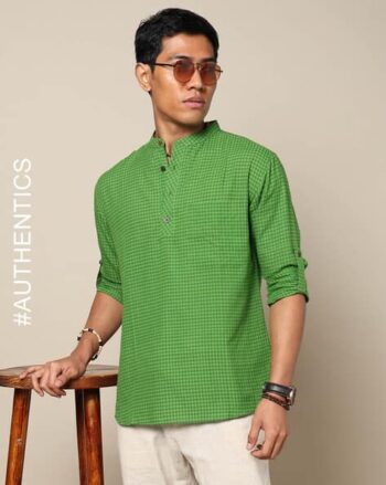 Checked Woven South Cotton Short Kurta with Roll-Up Sleeves & Side Pocket