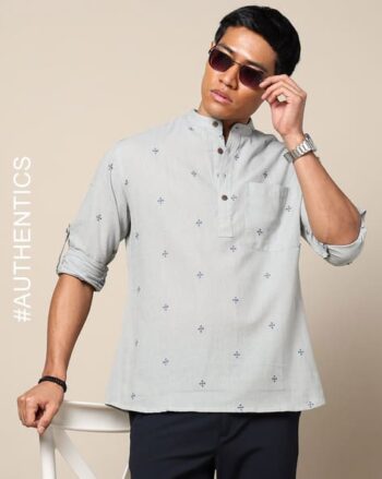 Buti Woven South Cotton Short Kurta with Roll-Up Sleeves & Patch Pocket