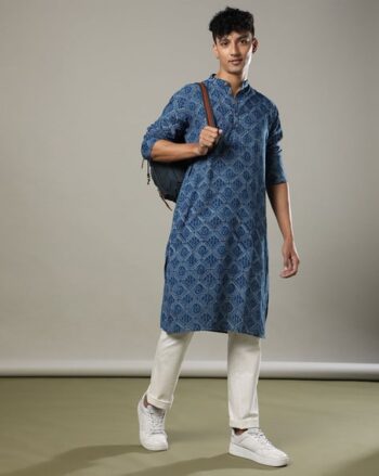 Hand Dye Natural Indigo Double Dabu Straight Long Kurta