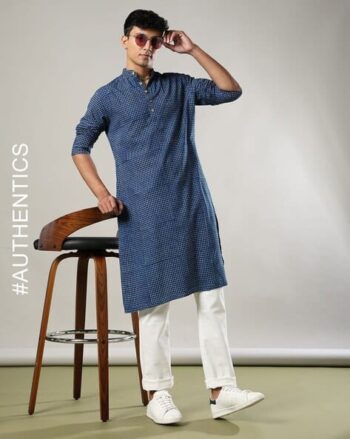 Handblock Print Hand-Dyed Indigo Double Dabu Cotton Long Kurta