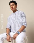 Striped Woven South Cotton Short Kurta with Roll-Up Sleeves & Side Pocket