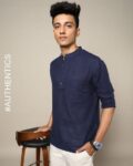 Checked South Cotton Short Kurta with Roll-Up Sleeves & Patch Pocket