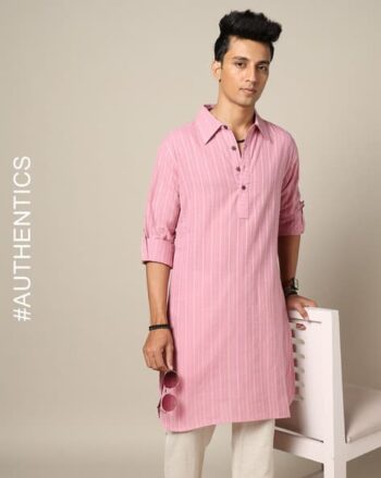 South Cotton Striped Dobby Pathani Kurta with Roll-Up Sleeves & Side Pocket