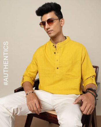South Cotton Oxford Short Kurta with Roll-Up Sleeves & Patch Pocket