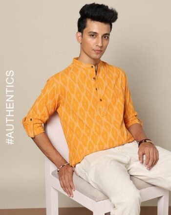South Ikat Cotton Short Kurta with Roll-Up Sleeves & Patch Pocket