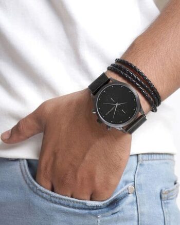 JWBS910 Men Analogue Watch with Deployant Clasp & Braided Bracelet Set