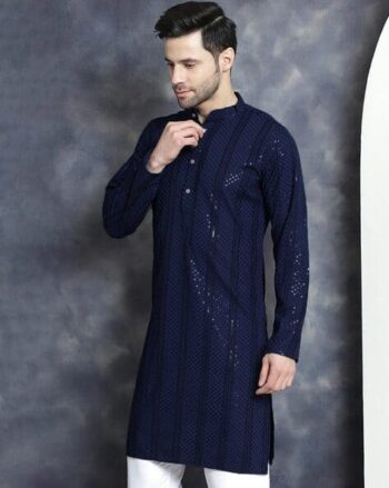 Men Embellished Regular Fit Long Kurta with Band Collar