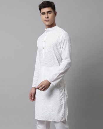 Men Regular Fit Long Kurta with Mandarin Collar