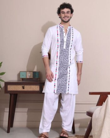Men Printed Regular Fit Long Kurta with Mandarin Collar