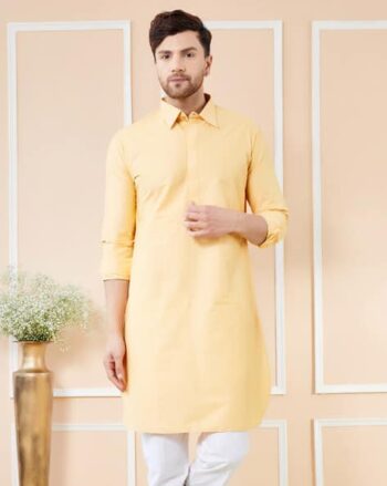 Men Regular Fit Long Kurta with Mandarin Collar