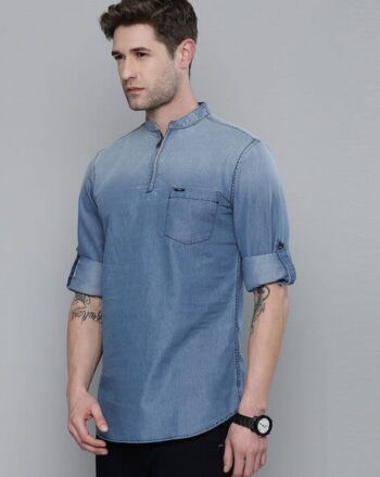 Mid-Wash Slim Fit Short Kurta with Patch Pocket
