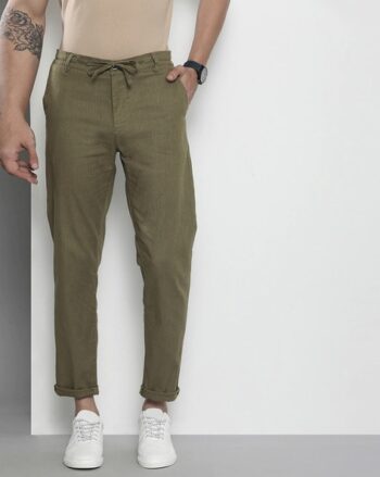 Slim Fit Flat-Front Trousers with Drawstring