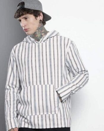 Men Striped Relaxed Fit Hoodie with Kangaroo Pockets