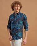 Washed Denim Slim Fit Shirt with Band Collar