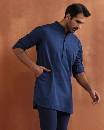 Men Regular Fit Long Kurta with Mandarin Collar