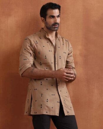 Men Regular Fit Long Kurta with Mandarin Collar