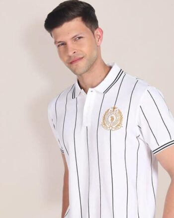 Slim Fit Striped Polo T-Shirt with Placement Logo
