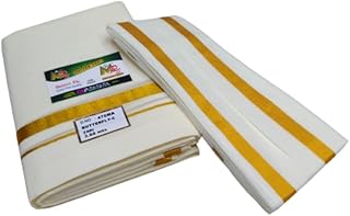 100% Cotton Men's Butter Fly Gold Zari Border Dhoti 3.65 Mts +2 Mts Big Angavastram Towel set (Colour:Cream)