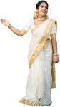 Yashika Women's Solid White Color and Gold Border Cotton Blend Saree with Unstitched Blouse Material-Special for Pongal Onam Festival (AZ-YS-OG1-PONGAL
