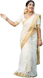 Yashika Women's Solid White Color and Gold Border Cotton Blend Saree with Unstitched Blouse Material-Special for Pongal Onam Festival (AZ-YS-OG1-PONGAL