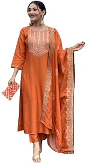 Nermosa Women Embroidery Silk Straight Kurta and Pant Set with Dupatta
