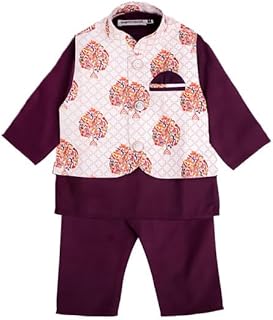 superminis Boys Solid Color Kurta Pyjama With Printed Fancy White Base Jacket