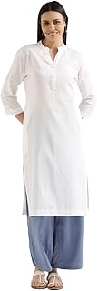 SAADAA Women's Linen Straight Fit Straight Long Kurta Airy Plain Kurta, 3/4 Sleeve, Knee Length Kurtis with Pockets, Casual and Office Wear
