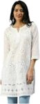 Lucknowi Indian Style Embroidered White Color Women Cotton Kurta,Lucknowi Net Embroidery Kurti for Ladies, Chikankari Shirt for Ladies.