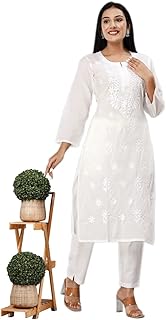 PESAS Women's Chikan Computer Embroidery White Pure Cotton Straight Kurta