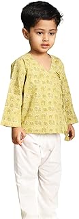 POLKA TOTS Boy's Super Soft Cotton Full Sleeve Front Open Printed Angrakha Kedia Pant Set, Traditional Ethnic Wear for Kids