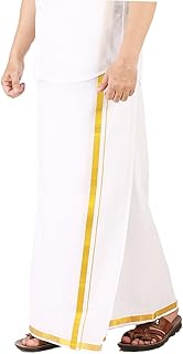 PRAKASAM COTTON Men's Combed Cotton Finer Quality Double Dhoti (8 Mulam) - 3.80Mtrs/ Double Dhoti With Gold Jari Border
