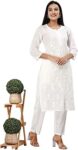 PESAS Women's Self Design Chikan Computer Embroidery White Pure Cotton Straight Kurta