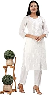 PESAS Women's Self Design Chikan Computer Embroidery White Pure Cotton Straight Kurta