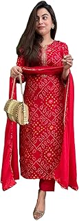 GoSriKi Women's Rayon Viscose Straight Bandhej Printed Kurta with Pant & Dupatta