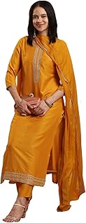 GoSriKi Women's Jagah Silk Blend Straight Embroidered Kurta with Pant & Dupatta