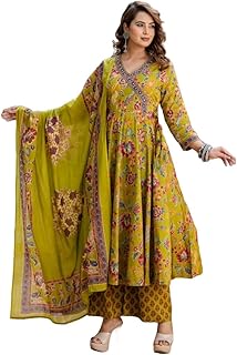 Nermosa Women Printed Anarkali Kurta and Pant Set with Dupatta