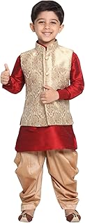 VASTRAMAY Boys' Gold Cotton Silk Blend Boys Nehru Modi Jacket Kurta & Pyjama Set