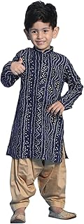 VASTRAMAY Boy's Rayon Printed Kurta Patiala Set | Bandhani And Foil Print Kurta With Pyjama for Navratri, Diwali & Festive Celebrations - Stylish and Comfortable Indian Outfit for Kids