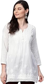 Ada Women's Cotton Regular Fit Tunic Hand Embroidered Lucknow Chikankari Short Kurti Top A208704
