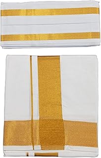 SMT Men's Cotton Traditional Single Casual Style Dhoti With Big Gold Border And1.8 Meter Angvastram Towel (White, Free Size)