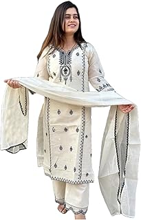 GoSriKi Women's Rayon Blend Straight Embroidered Kurta with Pant & Dupatta
