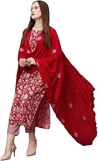 GoSriKi Women's Cotton Blend Printed Straight Kurta with Pant & Dupatta