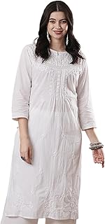 Ada Women's Cotton Regular Fit Tunic Lucknow Chikankari Kurta Hand Embroidered Kurti A332395