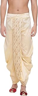 VASTRAMAY Men's Cream Silk Blend Embroidered Dhoti Ready-to-Wear Traditional Dhoti with Golden Embroidery for Weddings, Festivals, and Casual Wear